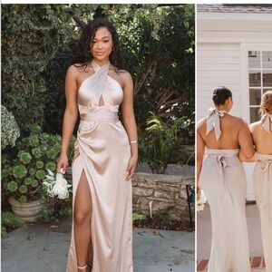 Show Me Your Mumu Adele Halter Satin Dress in Champagne